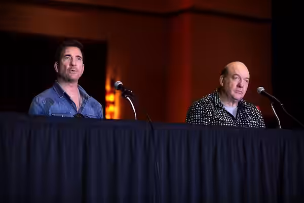 Dylan McDermott and John Carroll Lynch speaking with attendees at the 2023 Mad Monster Arizona Party at the Renaissance Phoenix Glendale Hotel &amp; Spa in Glen