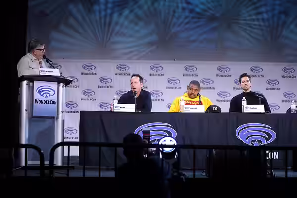 Jim Halterman, Matt Nix, Omar Miller and Steve Howey speaking at the 2023 WonderCon, for "True Lies", at the Anaheim Convention Center in Anaheim, California. P