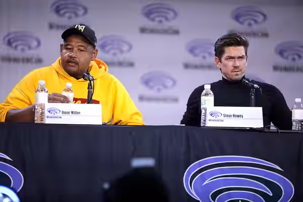Omar Miller and Steve Howey speaking at the 2023 WonderCon, for "True Lies", at the Anaheim Convention Center in Anaheim, California. Please attribute to Gage S