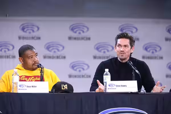 Omar Miller and Steve Howey speaking at the 2023 WonderCon, for "True Lies", at the Anaheim Convention Center in Anaheim, California. Please attribute to Gage S