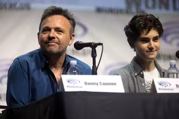 Danny Cannon and David Mazouz speaking at the 2017 WonderCon, for "Gotham", at the Anaheim Convention Center in Anaheim, California. Please attribute to Gage Sk