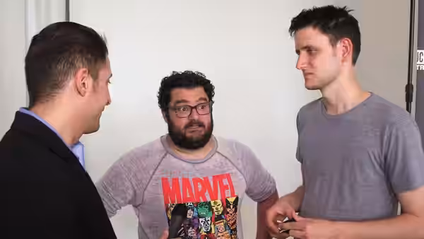 Comedians Bobby Moynihan and Zach Woods at the annual Del Close Marathon in New York City (2015)