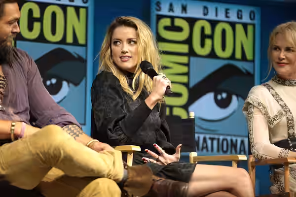 Amber Heard speaking at the 2018 San Diego Comic Con International, for "Aquaman", at the San Diego Convention Center in San Diego, California. Please attribute