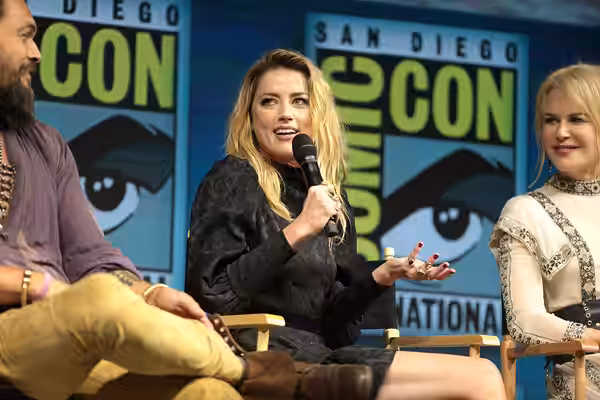 Amber Heard speaking at the 2018 San Diego Comic Con International, for "Aquaman", at the San Diego Convention Center in San Diego, California. Please attribute