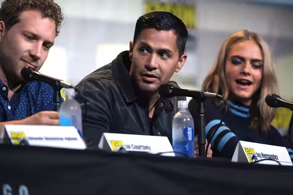Jai Courtney, Jay Hernandez and Cara Delevingne speaking at the 2016 San Diego Comic Con International, for "Suicide Squad", at the San Diego Convention Center 