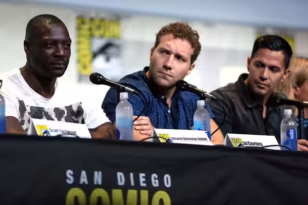 Adewale Akinnuoye-Agbaje, Jai Courtney and Jay Hernandez speaking at the 2016 San Diego Comic Con International, for "Suicide Squad", at the San Diego Conventio