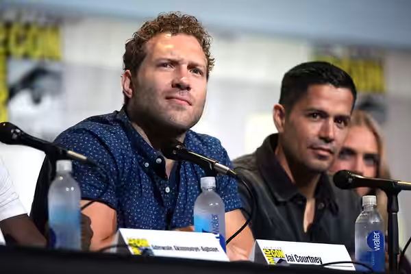 Jai Courtney and Jay Hernandez speaking at the 2016 San Diego Comic Con International, for "Suicide Squad", at the San Diego Convention Center in San Diego, Cal