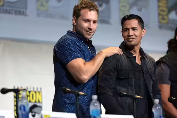 Jai Courtney and Jay Hernandez speaking at the 2016 San Diego Comic Con International, for "Suicide Squad", at the San Diego Convention Center in San Diego, Cal