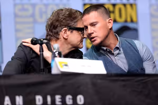 Colin Firth and Channing Tatum speaking at the 2017 San Diego Comic Con International, for "Kingsman: The Golden Circle", at the San Diego Convention Center in 