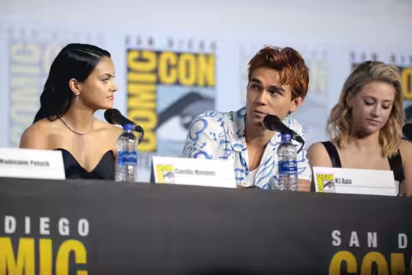 Camila Mendes, KJ Apa and Lili Reinhart speaking at the 2019 San Diego Comic Con International, for "Riverdale", at the San Diego Convention Center in San Diego