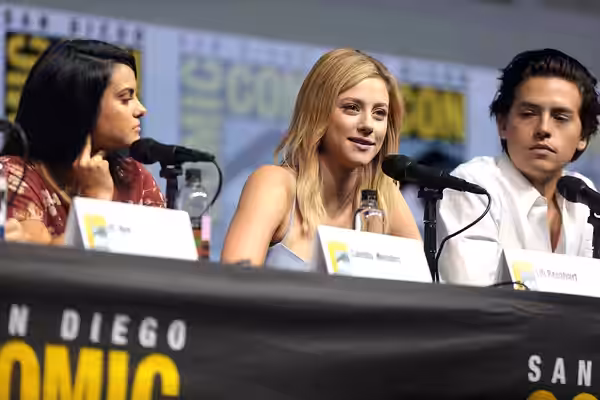 Camila Mendes, Lili Reinhart and Cole Sprouse speaking at the 2018 San Diego Comic Con International, for "Riverdale", at the San Diego Convention Center in San