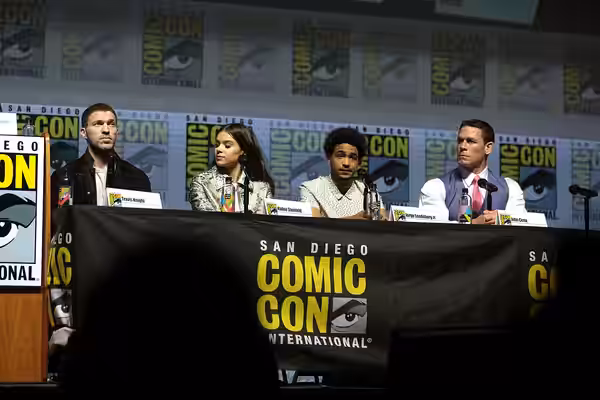 Travis Knight, Hailee Steinfeld, Jorge Lendeborg Jr. and John Cena speaking at the 2018 San Diego Comic Con International, for "Bumblebee", at the San Diego Con