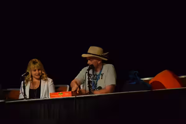 Canadian voice actors Andrea Libman and Peter New at Bronycon 2014 in Baltimore, Maryland, USA.
