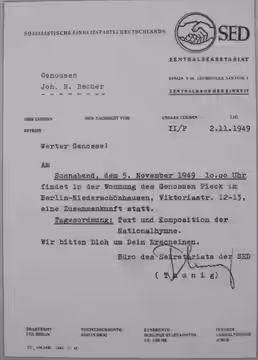 Letter of November 2nd 1949 from DDR-President Wilhelm Pieck's office to the poet of the DDR-National-Anthem Johannes R. Becher belonging the decision of the me (2013)