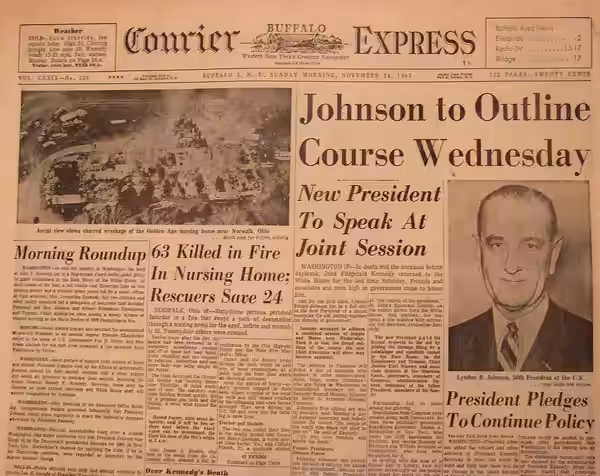 Buffalo Courier Express front page with President Johnson on it. (1963)