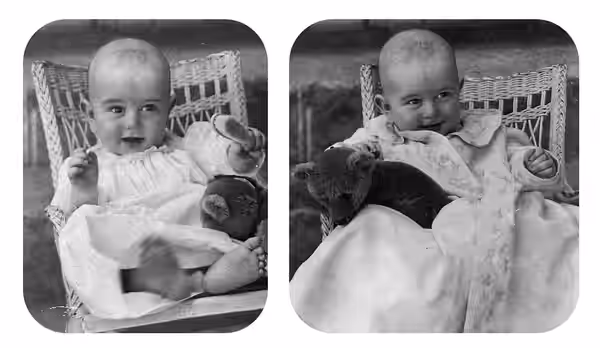 Two photos of a smiling baby sitting in a wicker chair with a teddy bear. Lyndon Johnson's first baby picture. He is six months old. (1909)