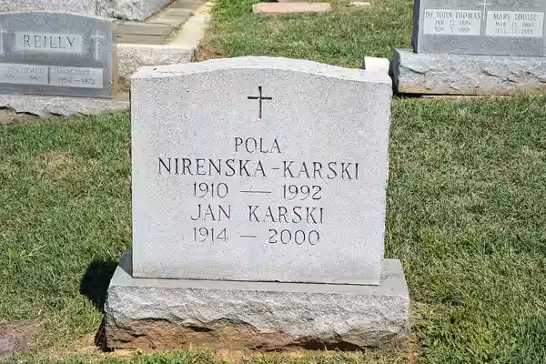 Grave of Jan Karski and Pola Nirenska-Karski at Mount Olivet Cemetery in Washington, D.C., in the United States. Jan Karski was born Jan Kozielewski on June 24, (2014)