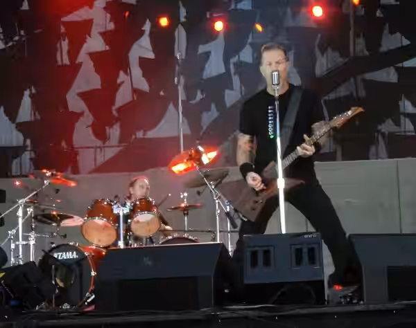 Lars Ulrich and James Hetfield from Metallica performing at Sonisphere Festival in Kirjurinluoto, Pori, Finland. (2009)