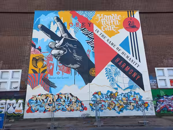 Raise the level van Shepard Fairey op STRAAT Museum, NDSM-terrein, Amsterdam-Noord (2023)