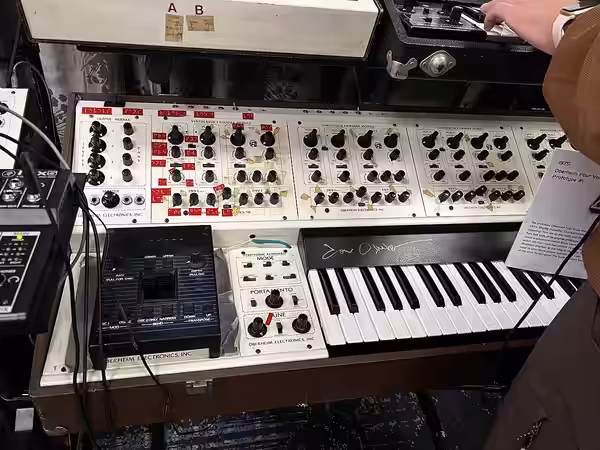 An early prototype of the Oberheim 4-voice synthesizer. This one was owned by Stevie Wonder, and retains the braille markings on the SEM panels (2022)