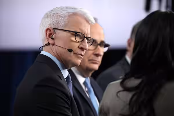 Anderson Cooper and David Axelrod speaking in the spin room following the CNN Republican Presidential Debate at the Olmsted Center at Drake University in Des Mo (2024)