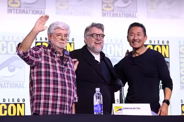 George Lucas, Guillermo del Toro and Doug Chiang speaking at the 2025 San Diego Comic Con International, for "Lucas Museum of Narrative Art", at the San Diego C