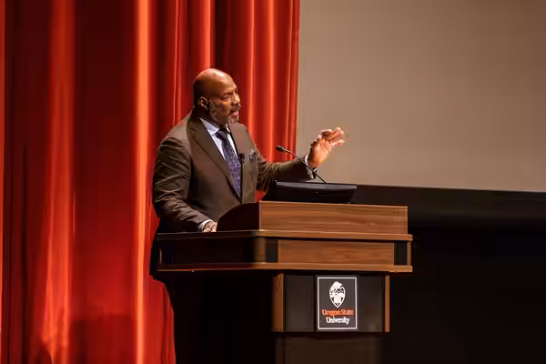 Higher education leader, historian and journalist Jelani Cobb speaking Feb. 1, 2023 at Oregon State University's 41st annual Dr. Martin Luther King, Jr. Commemo
