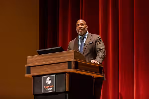Higher education leader, historian and journalist Jelani Cobb speaking Feb. 1, 2023 at Oregon State University's 41st annual Dr. Martin Luther King, Jr. Commemo