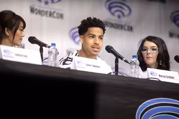 Marcus Scribner and Merit Leighton speaking at the 2019 WonderCon, for "She-Ra and the Princess of Power", at the Anaheim Convention Center in Anaheim, Californ