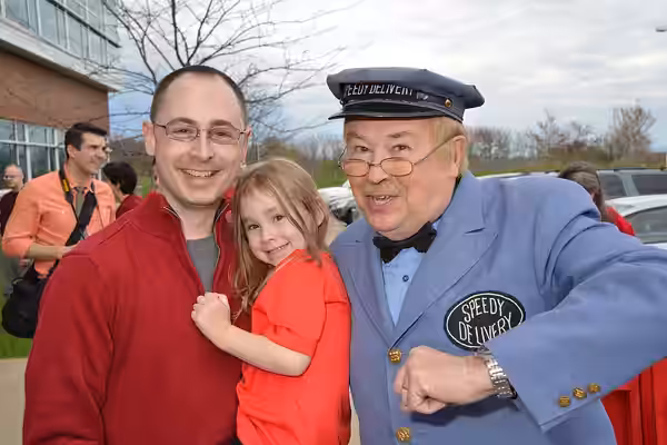 In honor of Fred Rogers, WPSU hosted a community Red Sweater Day photo shoot on May 1, 2015. Mr. McFeeley arrived by trolley as a surprise to the crowd and stay
