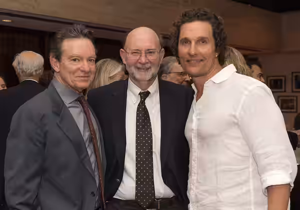 (L-R) Lawrence Wright, Stephen Harrigan and Matthew McConaughey. On Tuesday evening, Feb. 27, 2018, Friends of the LBJ Library members previewed the new Hulu li