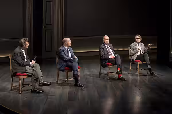 New Yorker writer Lawrence Wright, "OSLO" playwright J.T. Rogers, International Peace Institute President Terje Rød-Larsen and "OSLO" director Bartlett Sher in  (2017)