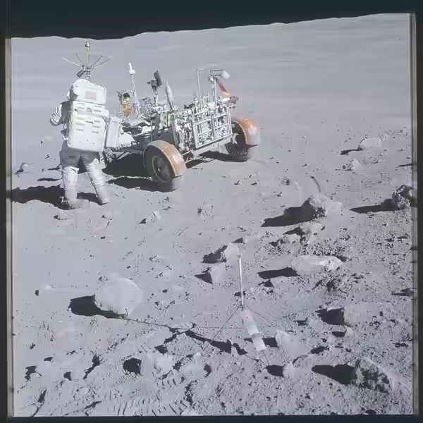 Apollo 16 Hasselblad image from film magazine 107/C - EVA-2. Down-sun, pre-collection photo of sample 64435, a breccia with glass coat, at Station 4. This is a  (2015)
