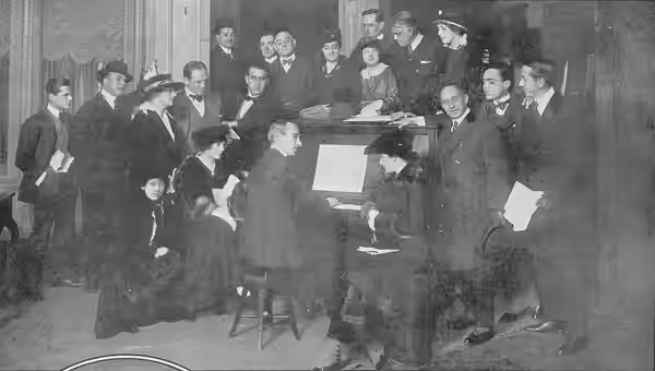 Behind the scenes at a rehearsal of "Dame Fashion's Demands," the musical comedy given for the benefit of the Actors' Fund Benefit. In the Group, First Row, Lef (1916)