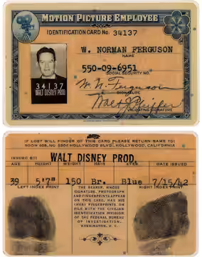 Norm Ferguson's (1902 -1957) personal Motion Picture Employee photo ID card for Walt Disney Productions, measuring 4" x 2.5", laminated and dated 7/15/42. It fe (1942)
