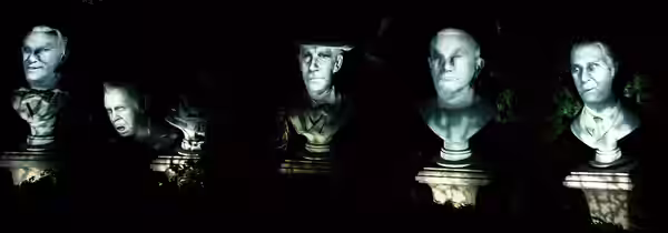An Attribution 2.0 Generic licensed photo from Flickr by Harshlight (https://www.flickr.com/photos/harshlight/). The Singing Busts in The Haunted Mansion at Dis