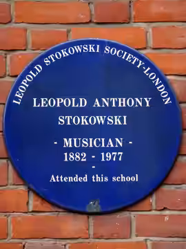 "Leopold Anthony Stokowski musician 1882-1977 attended this school" St Marylebone School 64 Marylebone High Street London W1U 5BA (2023)