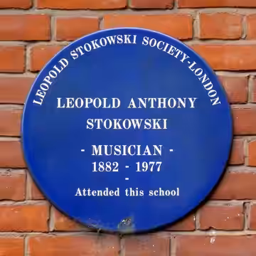 Leopold Anthony Stokowski plaque on St Marylebone C of E School, 64 Marylebone High St, London W1U 5BA (2012)