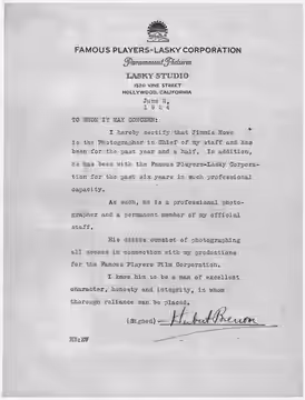Scope and content: This document originates from the Chinese Exclusion Act case file for James Wong Howe. Howe was a cinematographer who was nominated for 16 Ac