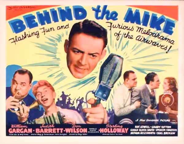 Lobby card for the American film Behind the Mike (1937).