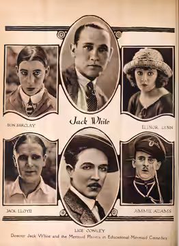 "Director Jack White and the Mermaid Players in Educational-Mermaid Comedies". Portraits of filmmaker Jack White, and performers Don Barclay, Elinor Lynn (Mario (1922)
