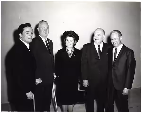 Title: Television host Mike Douglas, Mayor John F. Collins, Mary Collins, actor Pat O'Brien, and unidentified man Date: circa 1960-1968 Source: Mayor John F. Co