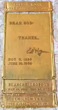The niche of Ed Wynn, in the Fuschia Terrace in the Great Mausoleum, Forest Lawn Glendale. Top line: Kennan Wynn (son of Ed) 1916-07-27 / 1986-10/14. Center: De (2014)