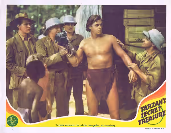 Lobby card for the American film Tarzan's Secret Treasure (1941).