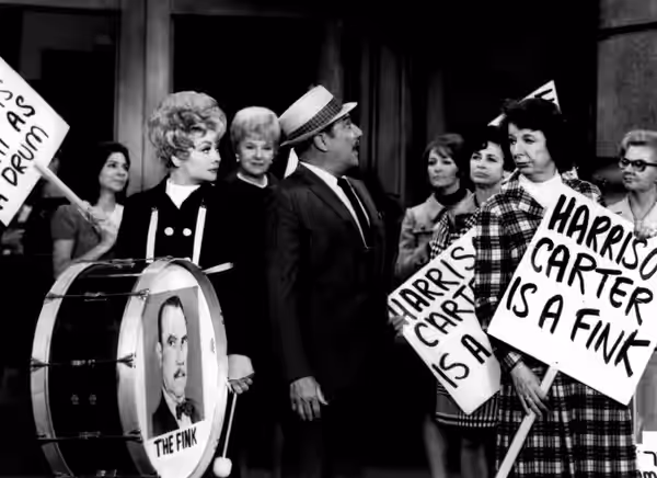 Publicity photo from the television program Here's Lucy. In this episode "Lucy Goes on Strike", Lucy organizes a strike against her boss, Harrison Carter (Gale 