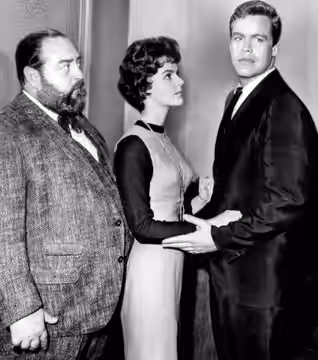Photo of w:Sebastian Cabot (actor), w:Carolyn Craig, and w:Doug McClure in "Trial by Midnight" (1962) - Checkmate 1960-1962