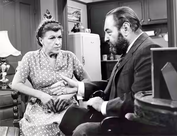 Actor Sebastian Cabot and actress Nancy Walker in a promotional photograph for the CBS Television show Family Affair in 1970