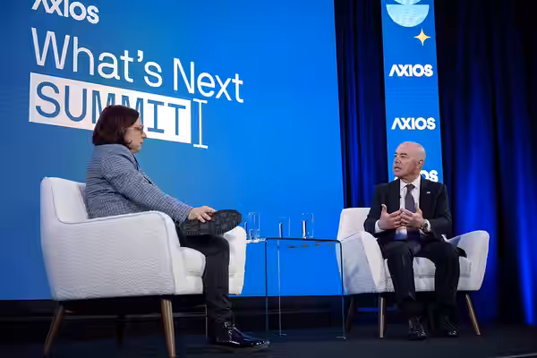 WASHINGTON (March 19, 2024) Homeland Security Secretary Alejandro Mayorkas participates in a fireside chat with Ina Fried at the Axios What’s Next Summit in Was