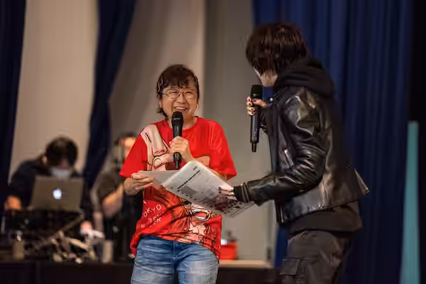 Mayumi Tanaka, an award-winning actress who voices the protagonist Monkey D. Luffy in the global phenomenon “One Piece,” laughs on stage with rock singer NANO,  (2023)