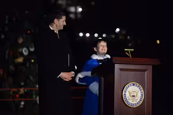 Speaker of the U.S. House of Representatives, Congressman Paul Ryan assists as 4rth grader, Brigette Harrington shares her poem during the U.S. Capitol Christma (2018)
